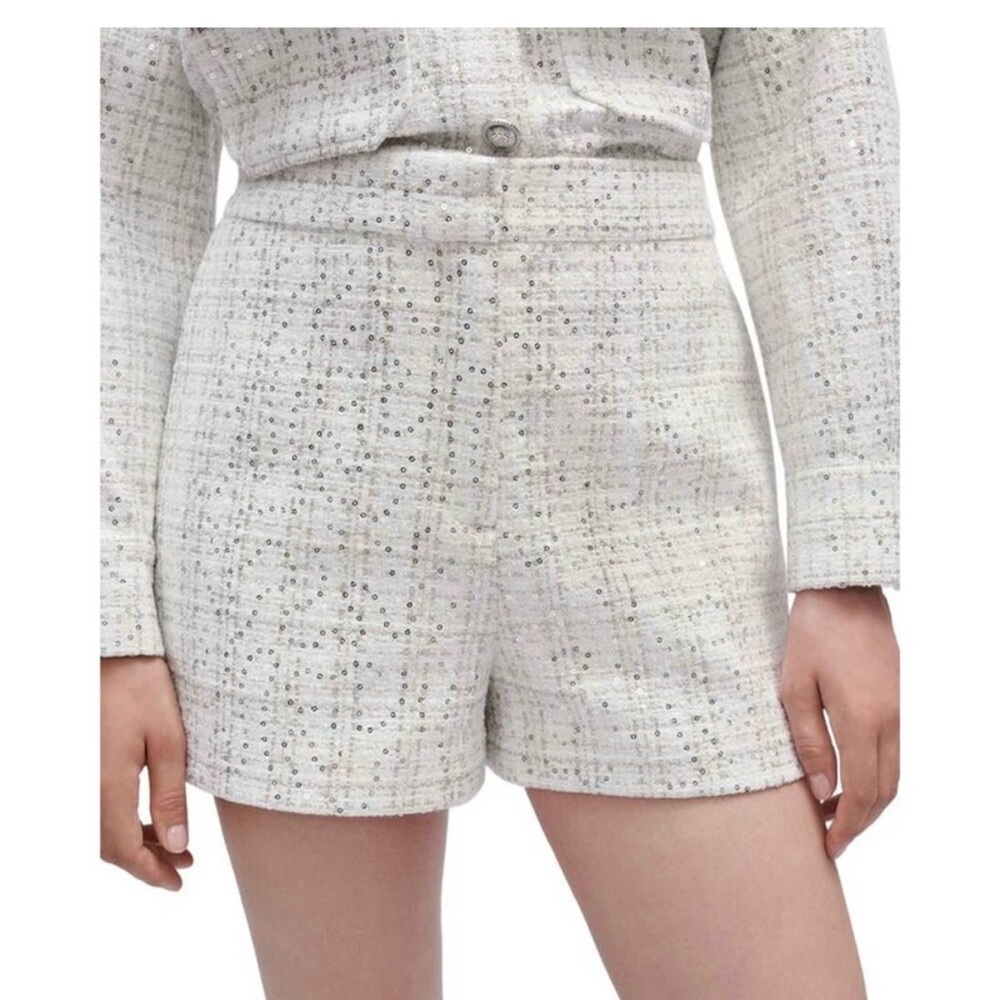 Maje Ivory Tweed Sequin High-Waist Shorts
